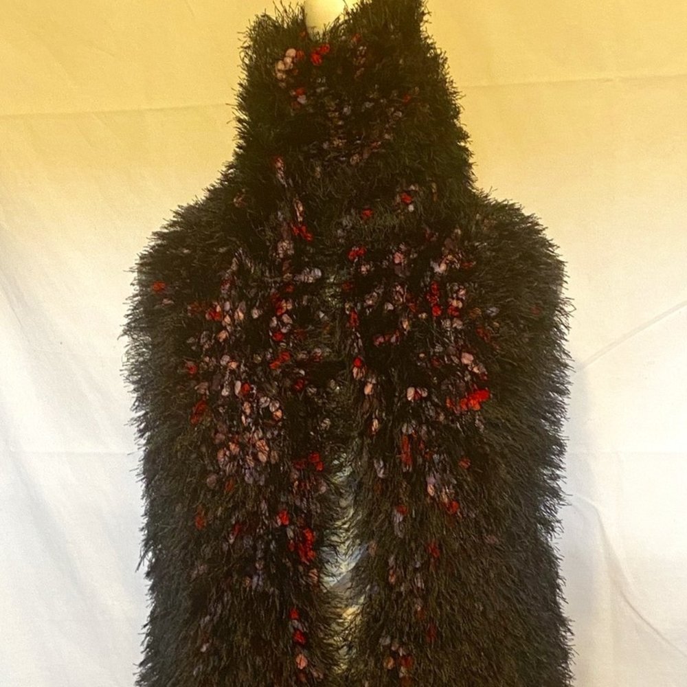 Women's Neck Scarf Hand Knit Fuzzy Black/Red/Pink Color  Size ~ 9" W x 65" L